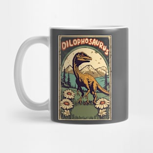 Vintage Dilophosaurus Dinosaur and Camping Lover Going for Hikes Mug